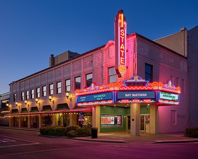 Oroville State Theatre in the historic downtown of Oroville, Butte County, California, on May 11, 2024, during blue hour. Built in 1928 by renown California architect Timothy Pflueger, the State Theatre on 1489 Myers St. was added to the National Register of Historic Places in 1991.