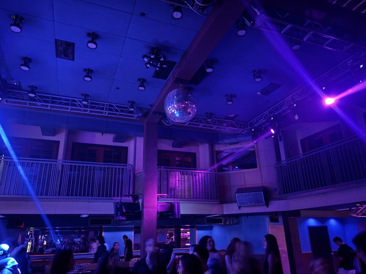 Frequency's sparkly disco ball hung above a crowded dance floor; September 13th, 2024; Frequency Downtown Chico