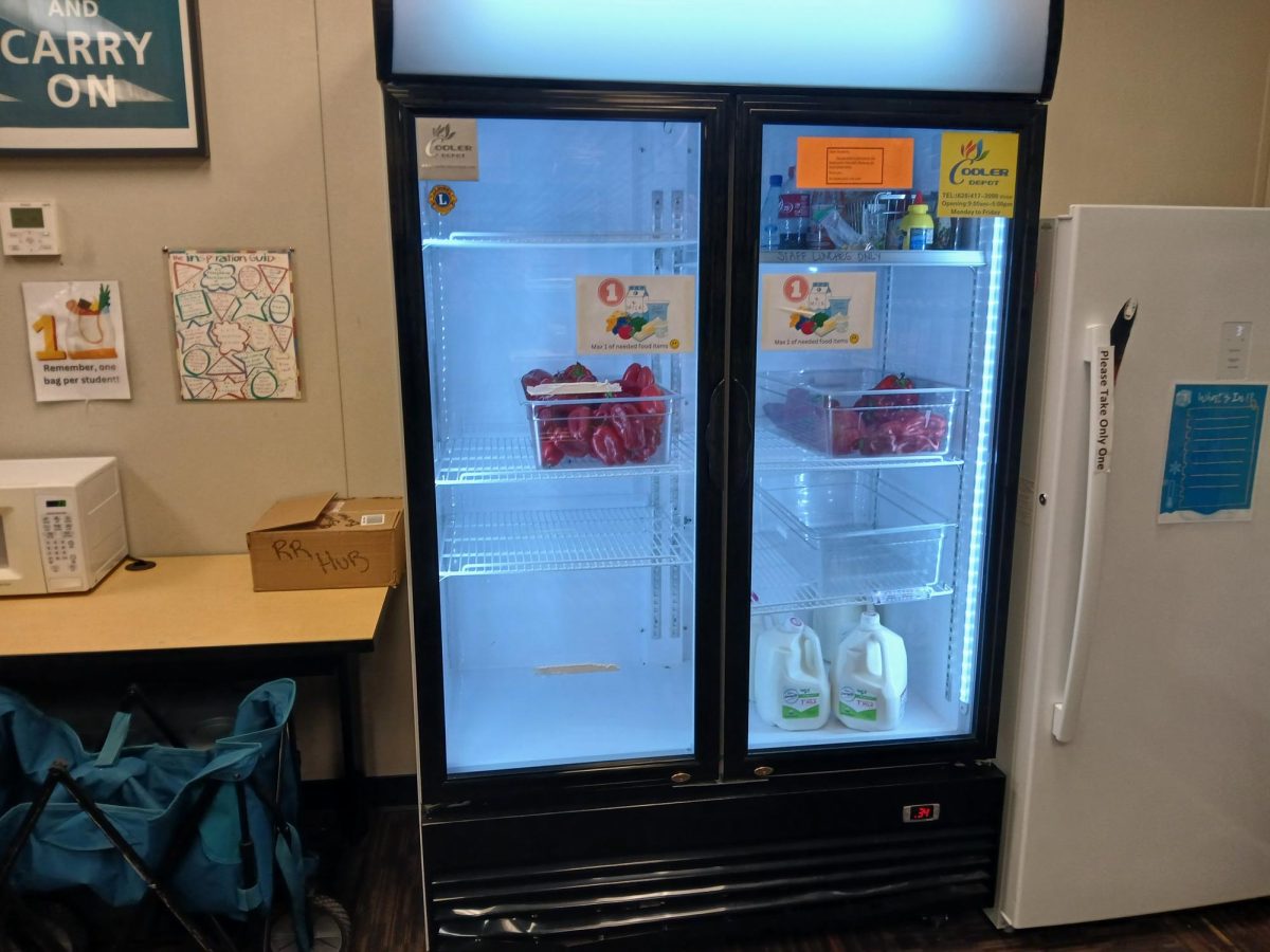 Refrigerator with Bell Peppers and Milk, Roadrunner Hub, Butte College Main Campus, Nov. 14, 2024, Juan Valencia