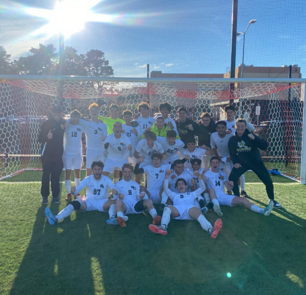 Butte Men's Soccer squad celebrates their victory over Skyline College in the playoffs 