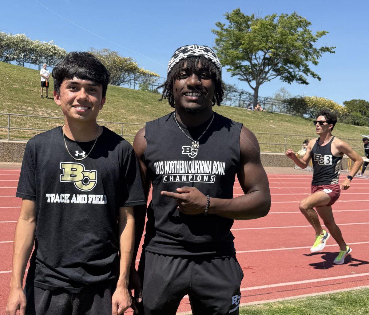 April 18, 2025, Alex Torres and Caprice Calhoun behind them to the right Butte College runner in perfect stride. 