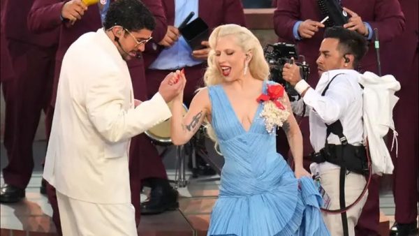 Artists Bad Bunny and Lady Gaga performing on stage at Super Bowl LX, February 8, 2026