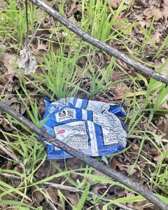 A picture of Doritos bag of chips left on the ground, trashed. 