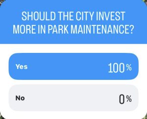 A question reads "Should the city invest more in park maintenance?" Answers: Yes 100%, No 0%. 