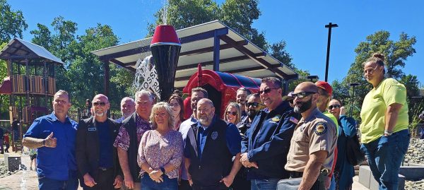 Photo of several people standing in front of playground structures on a sunny day.