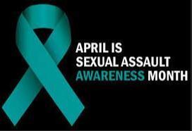 A picture of a turquoise ribbon and text that reads, "APRIL IS SEXUAL ASSAULT AWARENESS MONTH", with a black background.