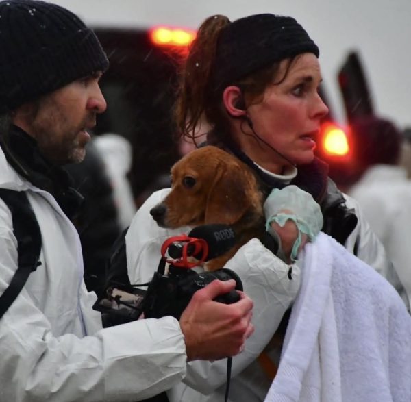 a picture of two rescuers in white coats, in the rain, holding a rescued beagle.