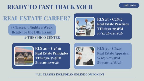 Flyer advertising Butte College Real Estate pathway. Classes include Real Estate Practices (RLS 25-C2847), Real estate Principles (RLS 20-C2616), Real Estate Appraisal (RLS 35- C6493).