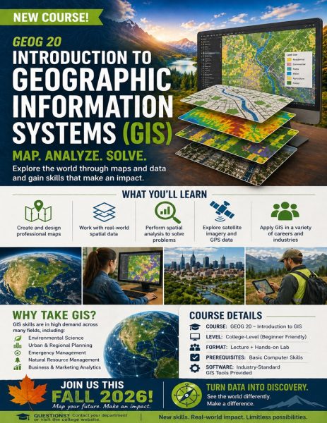 Flyer Advertising Butte College Intro to Geographic Information Systems (GEOG-20). Introductory course covering mapping and satellite imagery.