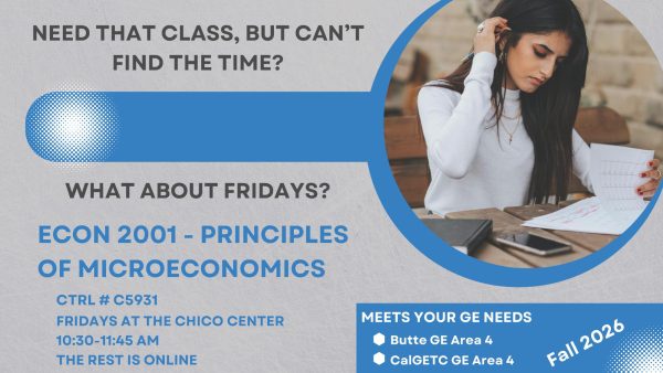 Flyer Advertising Butte College Econ 2001 - Principles of Microeconomics. Fridays 10:30-11:45 at Chico Center.